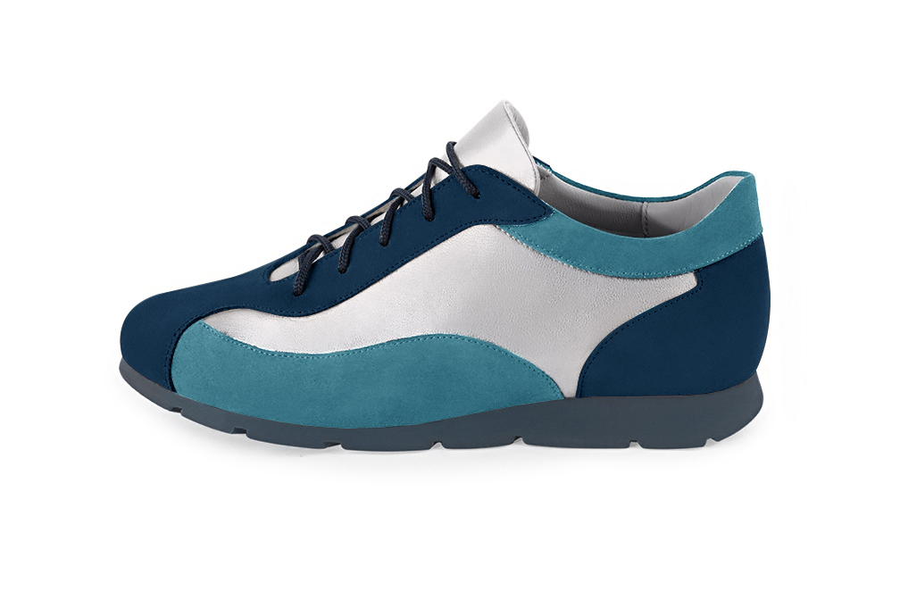 Navy blue and light silver women's elegant sneakers. Round toe. Flat rubber soles. Profile view - Florence KOOIJMAN